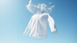 White shirt with ghost model floating in blue background. Snow-white shirt flies in the sky against the clouds. Perfectly white clothes after washing, without human body. Bleach, laundry, dry, Ai