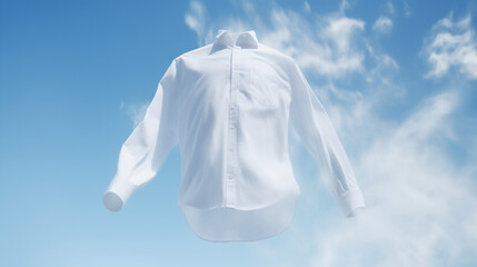 White shirt with ghost model floating in blue background. Snow-white shirt flies in the sky against the clouds. Perfectly white clothes after washing, without human body. Bleach, Ai