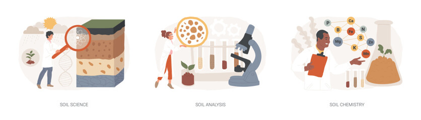Wall Mural - Soil properties isolated concept vector illustration set. Soil science, agricultural analysis and chemical laboratory service, land management, natural resource study and testing vector concept.