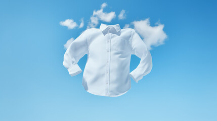 Wall Mural - blue sky with clouds, White shirt with ghost model floating in blue background. Snow-white shirt flies in the sky against the clouds. Perfectly white clothes after washing, without human body. Ai