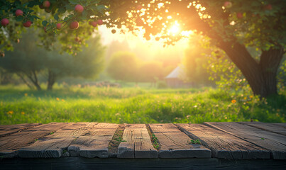 Wall Mural - Scenic nature background and wooden table for product display template. Empty wooden plank podium over blurred green trees orchards on sunlight background. Garden outdoor on bright light background
