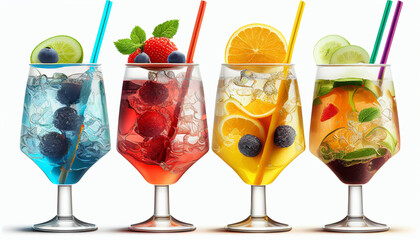 Wall Mural - A frontal view of cold, fresh cocktails in glasses set against a white background