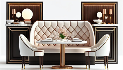 Isolated tables and chairs in a classic luxury restaurant style against a white background