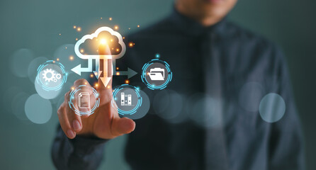Businessman touch cloud computing diagram icon. Cloud computer network technology concept. Digital data storage. Network internet service. Online management system, database information for business