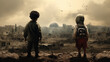 Victims of war, innocent children looking at a nuclear explosion in a city full of ruins emotional photo. Kids, fighting, combat.