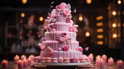 Wedding cake decorated with pink roses and macaroons