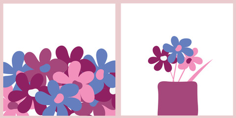 Wall Mural - Neutral colors art cards set, different flowers, flowers in a vase. Vector illustration.