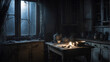 the kitchen was dark and eerie there was moonlight from the window