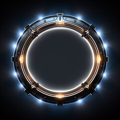 Wall Mural - Glowing metal circle frame with lightning bolts coming out on black background Generative AI