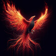 photo collage of flying red burning bird phoenix with wire wings rebirth close up on black background. ai generative