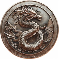 Poster - a circular metal coin with a dragon