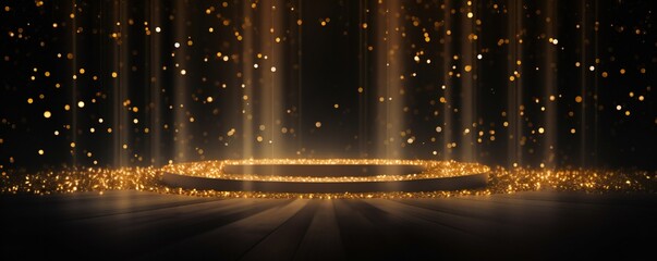 Wall Mural - golden confetti rain on festive stage with light beam in the middle, empty room mockup with copy spa