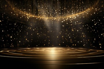 Wall Mural - Golden confetti rain on festive stage with light beam in the middle, empty room mockup with copy space for award ceremony Generative AI