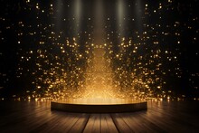 Golden Confetti Rain On Festive Stage With Light Beam In The Middle, Empty Room Mockup With Copy Space For Award Ceremony Generative AI