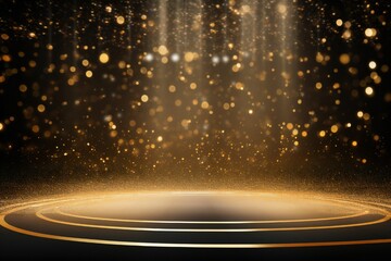 Golden confetti rain on festive stage with light beam in the middle, empty room mockup with copy space for award ceremony Generative AI