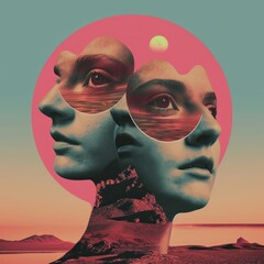 Sticker - a woman's face with a pink circle and a mountain and a sunset