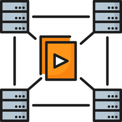 Fototapete - Copies of content to servers. CDN. Content delivery network icon, web media database administration and publishing system, website file technology linear vector icon with server computers