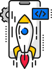 Fototapete - Web application develop and launching, cellphone software coding, mobile app optimization linear icon. Web service, mobile application development thin line vector icon with phone, taking off rocket