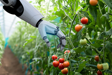 Fototapete - Robot is working in greenhouse with tomatoes. Smart farming and digital agriculture 4.0..