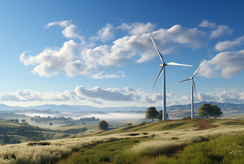 Wall Mural - Wind turbines at a windfarm at a hill on sunny day.