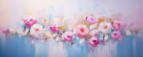 Wall Mural - Beautiful modern floral impressionist background. Pastel pink roses banner for wedding, Valentine’s Day wallpaper. Red, white, yellow rose flower art illustration on blue abstract backdrop by Vita