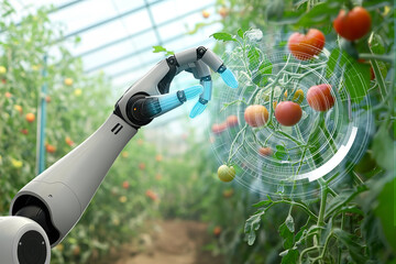 Fototapete - Robot is working in greenhouse with tomatoes. Smart farming and digital agriculture 4.0..
