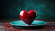 Heart-shaped Cake Covered With Red Icing On Turquoise Plate, On Brown Wooden Table. Decorated With Red Pomegranate Berries. On Turquoise Blurred Smoky Background. Close-up.