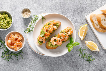 Sticker - Shrimp and avocado sandwich with baguette and sesame. Top view