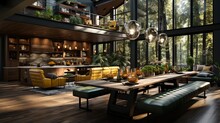 Modern Forest House Interior Living Room Kitchen Dining Room