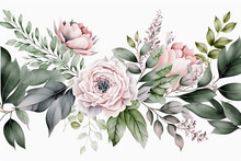 Bouquet Border - Green Leaves And Blush Pink Flowers On White Background. Watercolor Hand Painted Seamless Border. Floral Illustration. Foliage Pattern. Created With Generative AI Technology