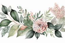 Bouquet Border - Green Leaves And Blush Pink Flowers On White Background. Watercolor Hand Painted Seamless Border. Floral Illustration. Foliage Pattern. Created With Generative AI Technology