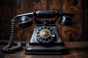 old black bakelite telephone on a rustic metal surface