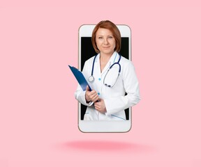 Sticker - Young female doctor on screen of phone for healthcare