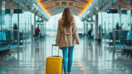 Poster - Woman is seen from behind walking through an airport terminal, pulling a yellow suitcase