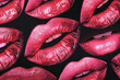 Prints of pink lips on a black background, background of kisses.