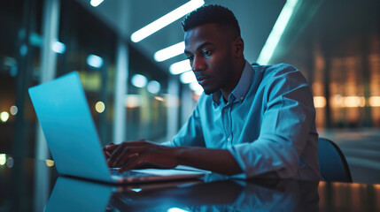 Wall Mural - Man smiling while working on a laptop in a modern office environment