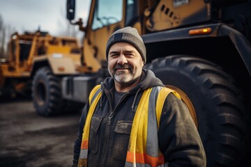 Wall Mural - Smiling Portrait of a Construction Worker in Front of Heavy Machinery