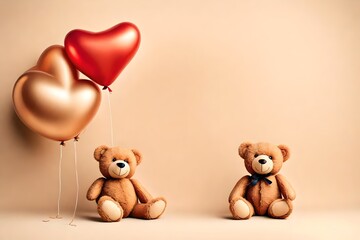 Wall Mural - : A scene of sweetness unfolds with  teddy bears and a heart-shaped balloon on a light beige background