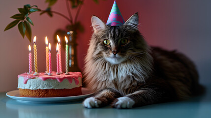 Sticker - A domestic cat wearing a hat and a birthday cake with candles. 