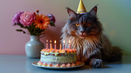 Sticker - A domestic cat wearing a hat and a birthday cake with candles. 