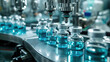 Close-up of numerous medical vials in a pharmaceutical manufacturing line