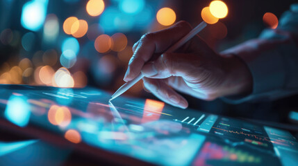 Close-up of hands using a digital tablet with a stylus pen, with a blurred background