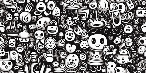 Monsters doodle seamless pattern background, black and white.