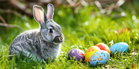 Easter gray bunny and painted colorful eggs on a spring meadow of green grass