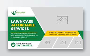 Wall Mural - Lawn Mower Garden or Landscaping Service youtube  thumbnail and web banner template design | grass, equipment, gardener