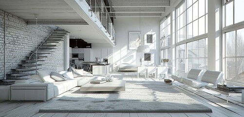 A modern loft-style living room with white wood finishes, overlooking a bedroom with a floating platform bed