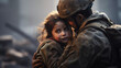 Soldier holds a child refugee little girl sad from being forced to flee her home. Child in the war conflict on the ruins, the concept of peace and war, sad child. Humanitarian disaster 
