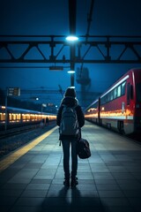 Wall Mural - female traveler waiting for a train at the train station