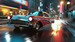 The Getaway Car: Feature a vintage car as the getaway vehicle in a heist or escape scenario. Experiment with motion blur to convey speed and urgency.  Generative AI