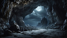 Creepy Rock Cave With Moonlight Sky